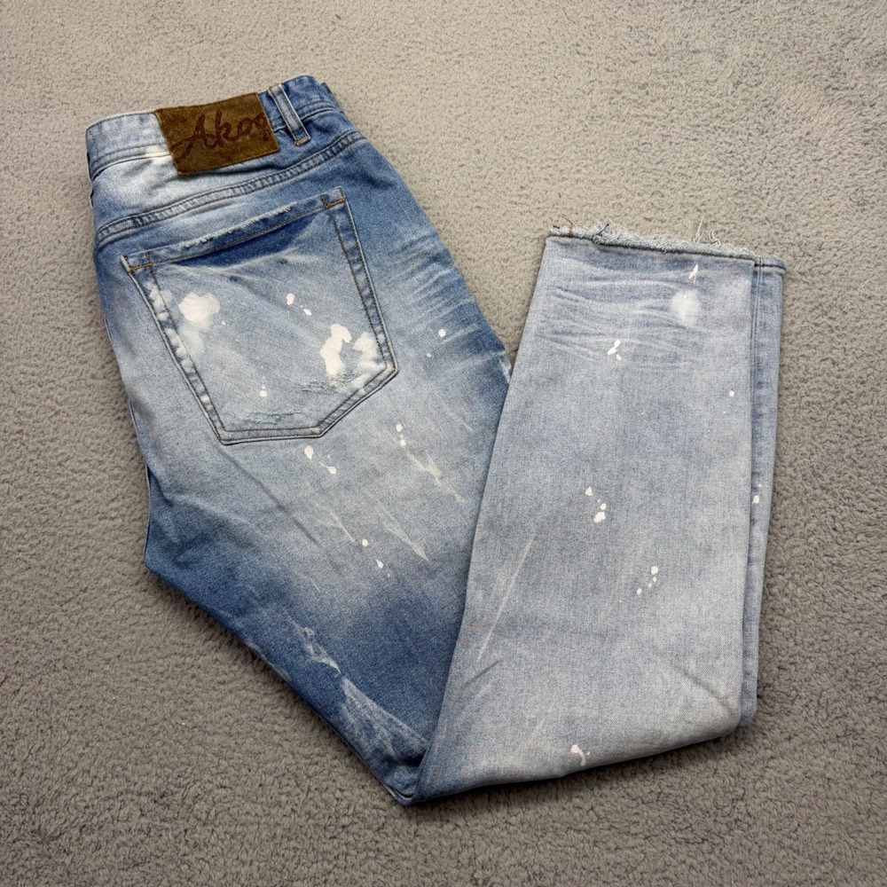 AKOO No Rivals Mens Size 40 Distressed Bleach Splatter Patch Denim Blue Jeans